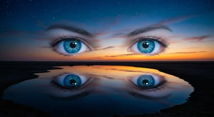 Surreal Eyes Reflecting Sunset Sky A Dreamlike Vision. © Shena