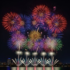 Fototapeta premium Vibrant fireworks illuminate the night sky over a city skyline reflecting on water