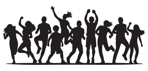 Jumping and dancing crowd silhouettes. A group of diverse people celebrating, having fun, and cheering with raised hands. Party, festival, concert, and success concept.

