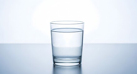 A clear glass filled with water sits on a reflective surface, isolated.