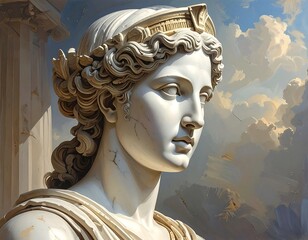 Marble sculpture in classical style against a cloudy serene sky backdrop