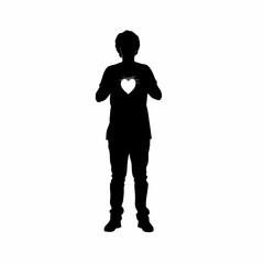 Silhouette of a person holding a glowing heart for organ donation isolated on white background
