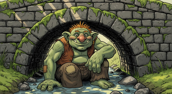 A friendly troll with green skin and orange hair sits under a stone bridge in a stream.