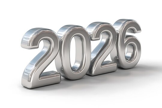 Shiny chrome 2026 numerals isolated on white, perfect for futuristic concepts, financial projections, or new year celebrations
