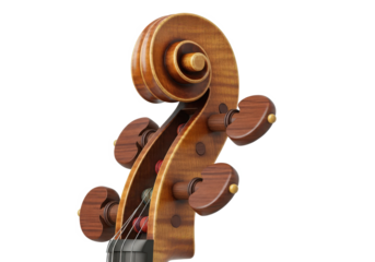 Detailed close-up of a beautifully crafted wooden violin scroll showcasing intricate design and craftsmanship