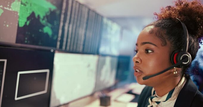 Airport, headset and computer screen with woman in control room to monitor climate and weather. Contact, feedback and surveillance update with person in air traffic office for geology and meteorology