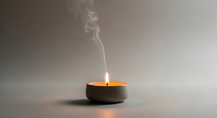 A small lit candle in a concrete holder, with wisps of smoke rising against a gradient background.