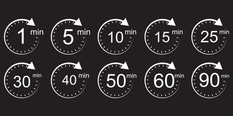 Timer, clock, stopwatch isolated set icons. Countdown timer symbol icon set. Label cooking time. Vector illustration.Set of analog clocks for every hour icon.Stopwatch icon from 1 to 60 minute timer