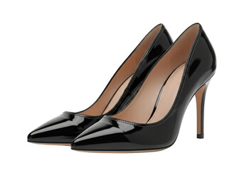 Fototapeta premium Elegant black high-heeled shoes positioned on a clean surface, showcasing their glossy finish and stylish design