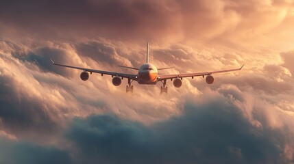 Airplane soaring through dramatic clouds in a vibrant sunset sky