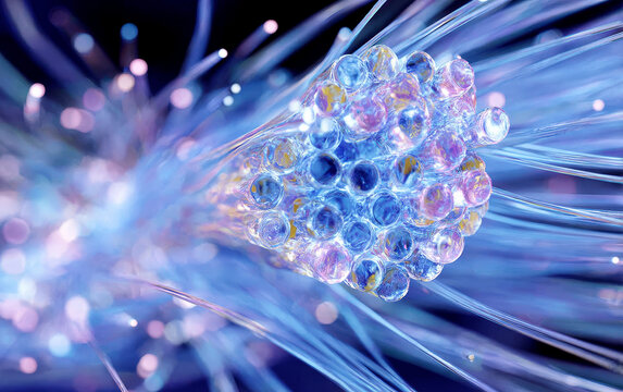 Close-up view of optical fibers with colorful light spots