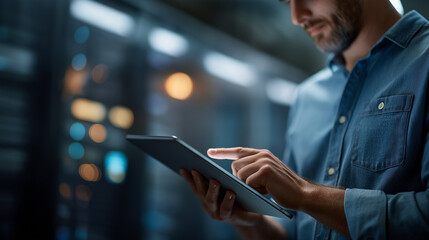 A server hub IT expert uses AI for parallel processing inputting data on a tablet server racks glowing screens showing computational tasks AI parallel processing server hub