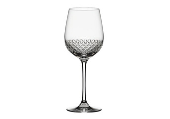 Elegant crystal wine glass with intricate design, placed on a table, reflecting soft ambient light