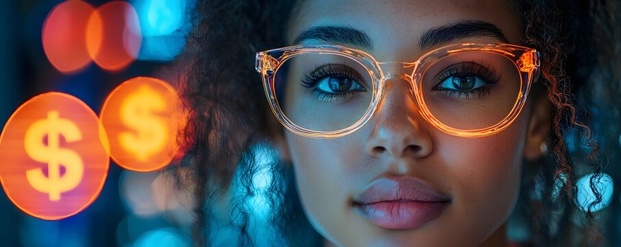 A woman wearing illuminated glasses with floating dollar signs in a bokeh background symbolizing finance and technology