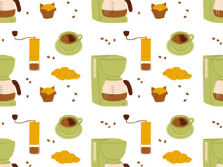 Seamless coffee pattern with drip coffee maker, grinder and desserts. Vector illustration for packaging, textile, wallpaper design