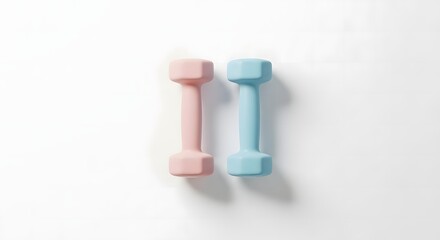 Two dumbbells, one pink and one blue, are positioned side-by-side on a white surface.
