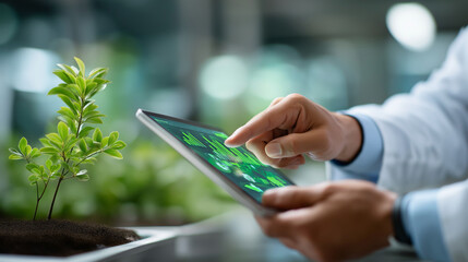 A data center engineering team analyzes ESG data on a tablet discussing carbon footprint reduction for AI operations screens showing green analytics a small plant on the table
