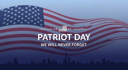 patriot day american flag waving over city skyline remembrance