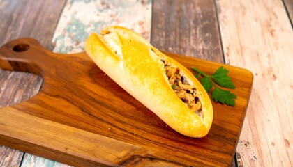 A delicious, filled baguette rests attractively on a light brown wooden cutting board, highlighting its golden-brown crust and filling.