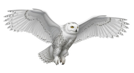 Isolated illustration of a snowy owl flying with its wings spread in a predatory pose