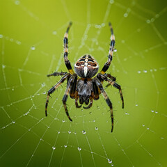 A hairy, black and yellow garden spider, an amazing arachnid, patiently waits in its intricate web