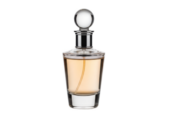 Elegant glass perfume bottle with a sleek design and soft lighting, showcasing fragrance allure