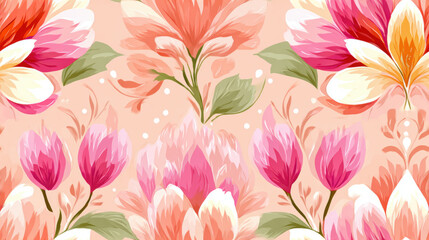 Seamless Abstract flower, Vibrant floral pattern featuring colorful blossoms on a soft peach background, ideal for decorative or textile designs.