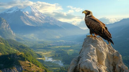 Majestic eagle perched on a rocky outcrop overlooking a stunning mountain valley at sunset