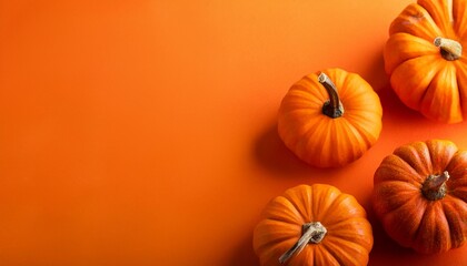 A top-down view of several bright orange pumpkins arranged on a matching orange background, perfect for Halloween or autumn-themed designs.