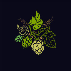 Hop cone, barley ear emblem. Silhouette of branch