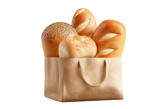Assorted fresh breads in paper bag: loaves with crispy crust and soft texture, cut out - Powered by Adobe