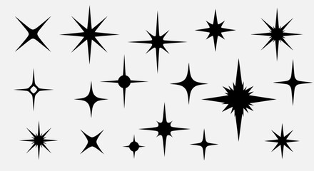 Collection of various stylized black starburst designs arranged on a plain white background.