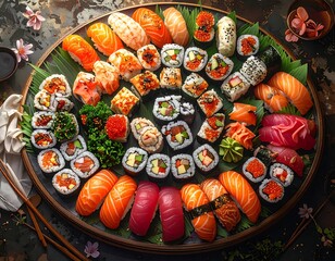 Sushi platter arrangement overhead shot