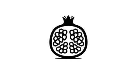 Black and white pomegranate fruit illustration with seeds and crown details.