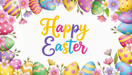 A cheerful "Happy Easter" message is centered, framed by a vibrant border of colorful Easter eggs and spring flowers. The image is a fun and festive holiday greeting.