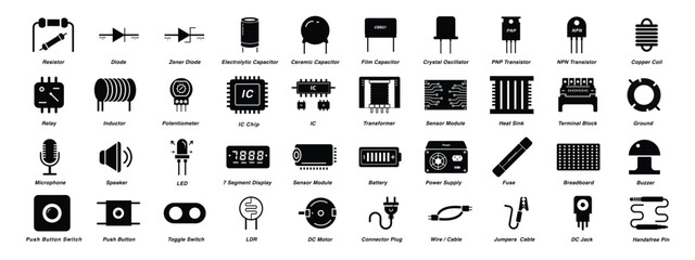 collection of black electronic component vector icons including resistor diode capacitor transistor relay transformer sensor battery switch motor wire cable plug and more for circuit design