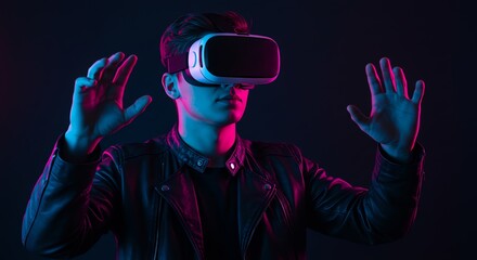 Man wearing virtual reality headset interacting with digital interface