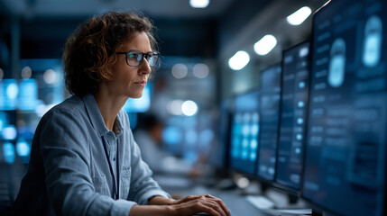 A cybersecurity analyst in a dimly lit operations room monitors and blocks automated threats with AI driven defenses dashboards showing intrusion attempts and padlock icons