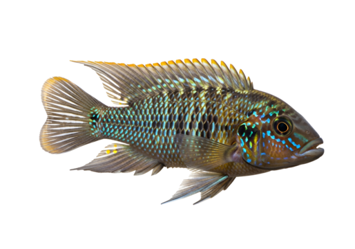 A detailed profile view of a vibrant cichlid fish, showcasing intricate patterns and brilliant colors against a plain black backdrop.