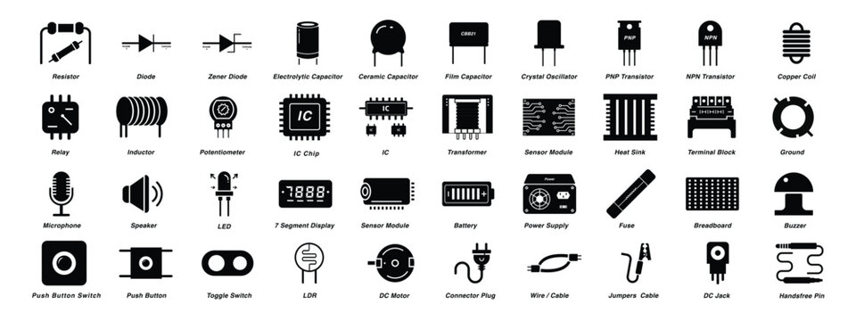 collection of black electronic component vector icons including resistor diode capacitor transistor relay transformer sensor battery switch motor wire cable plug and more for circuit design