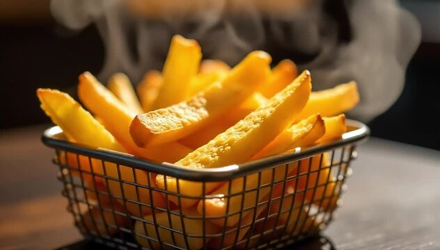 Hot pommes frites resting in wire basket with visible steam rising under warm light 