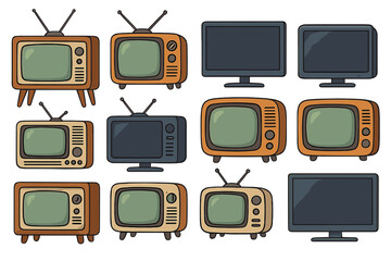 Vector collection of vintage and modern television sets. Retro TV with antenna and old-fashioned screen alongside contemporary flat monitors. Media evolution concept cartoon.