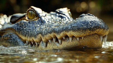 Fototapeta premium Majestic crocodile basking in clear waters of a tropical river during golden hour