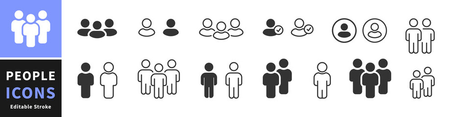 People, human, person thin line icon set. Editable stroke. Containing participants, group, team, organization, community, population, audience, member. Line and glyph user avatar. Vector illustration © Vlad