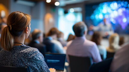 A technician at a tech convention delivers an AI neural networks pitch pointing to a digital screen with deep learning visuals a live audience engaged neutral conference banners