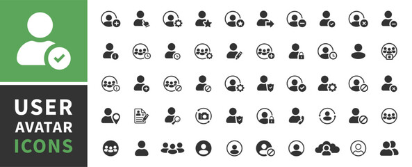 User profile icon set. Containing password, login, username, avatar, connect, add friend, people, change photos, settings. User account ui web button. Icons for web, mobile, user interface design.