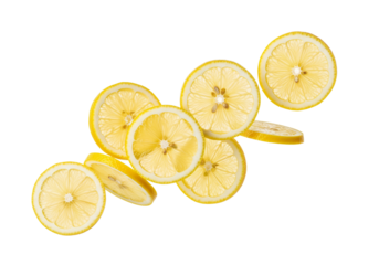 Bright Yellow Lemon Slices Falling and Floating - Fresh Citrus Fruit Isolated on White Background
