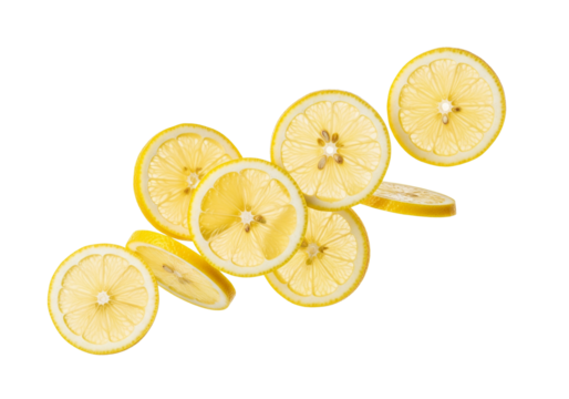 Bright Yellow Lemon Slices Falling and Floating - Fresh Citrus Fruit Isolated on White Background