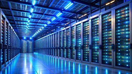 Aisle of glowing blue server racks in data center