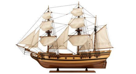Isolated ship model with sails and rigging standing on a stand on a seamless backdrop © Sergiu